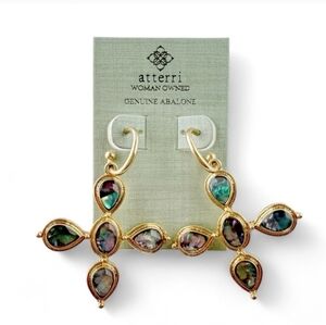 💚🔹️ ATTERRI🔹️ Beautiful Gold Abalone Shell Statement Drop Cross Earrings